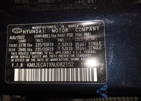 2022 Hyundai Tucson Hybrid Limited из США, поврежденный, VIN KM8JECA1XNU082152